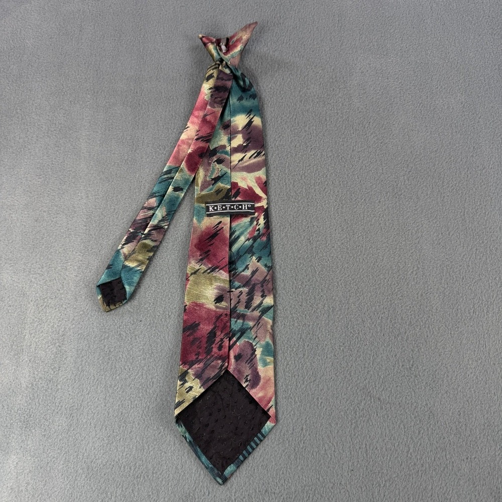 Ketch Vintage Clip-On Tie Abstract Painterly Burgundy Teal Geometric Retro 90s